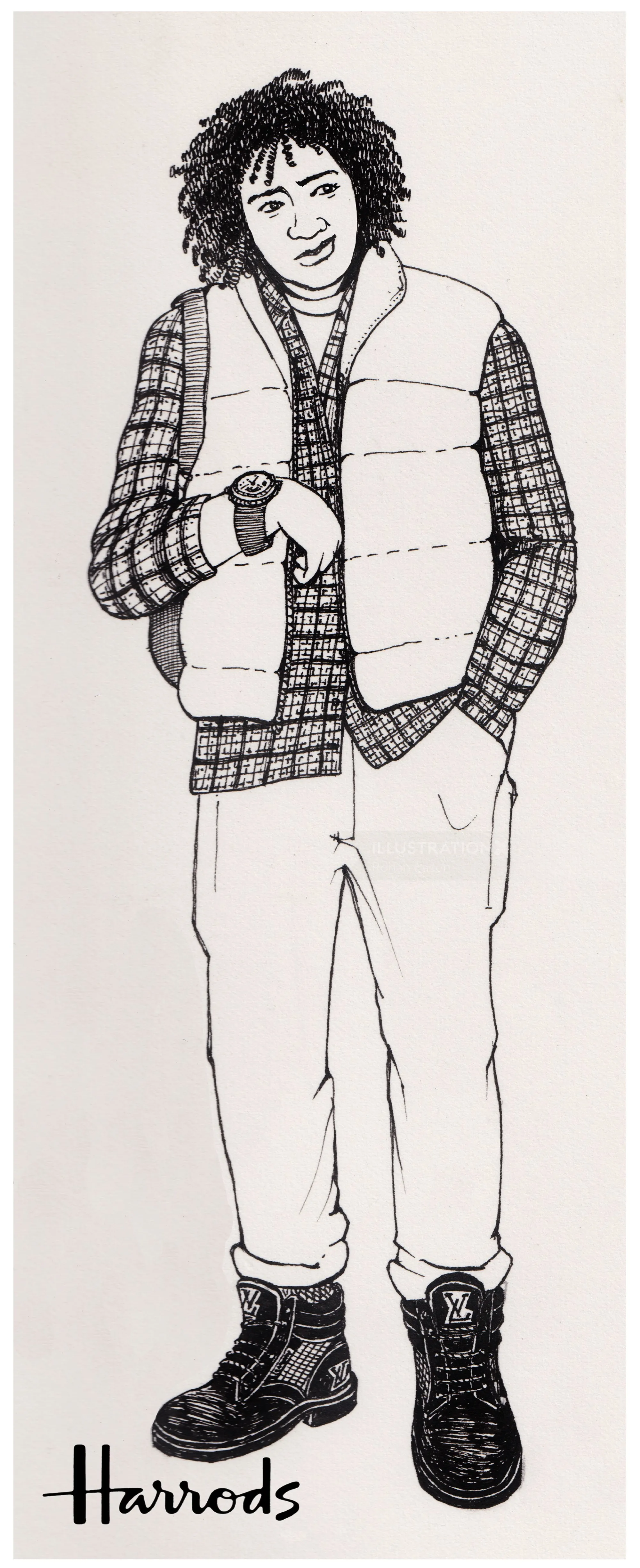 Drawing of a man in a puffer vest, plaid shirt, and boots by Rohan Eason
