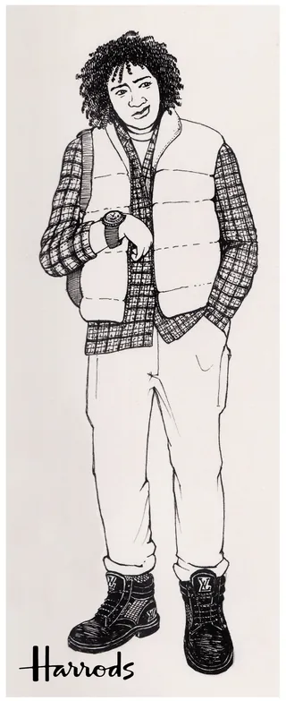 Drawing of a man in a puffer vest, plaid shirt, and boots by Rohan Eason