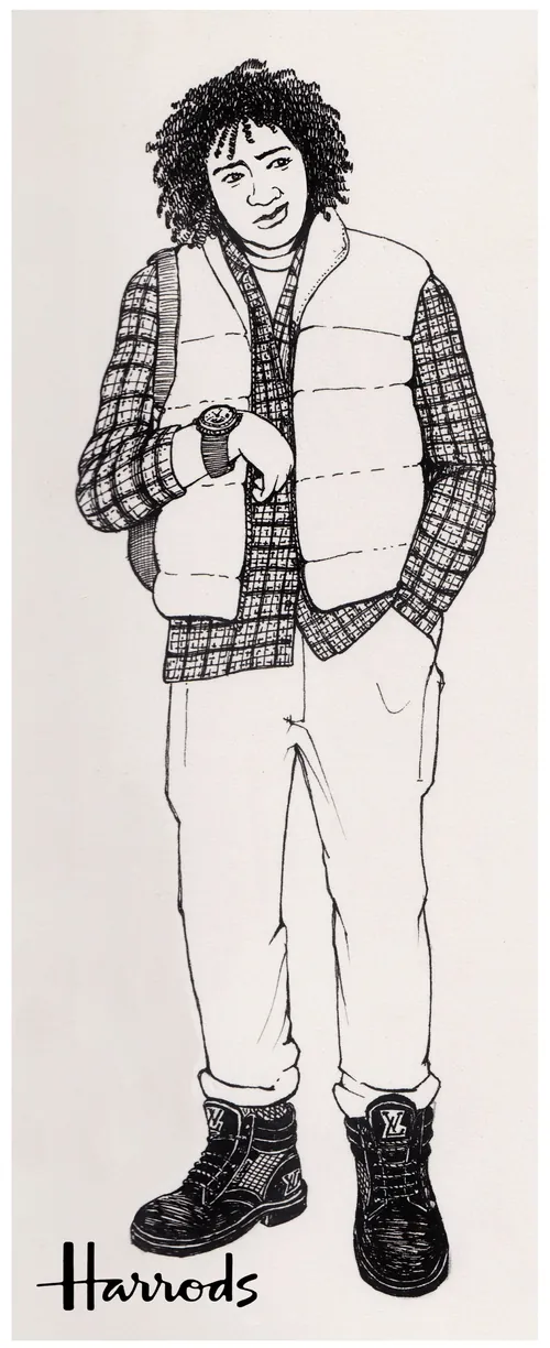 Drawing of a man in a puffer vest, plaid shirt, and boots by Rohan Eason