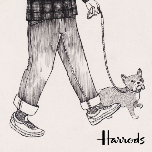 Man walking a small dog on leash, holding a coffee cup, drawing by Rohan Eason