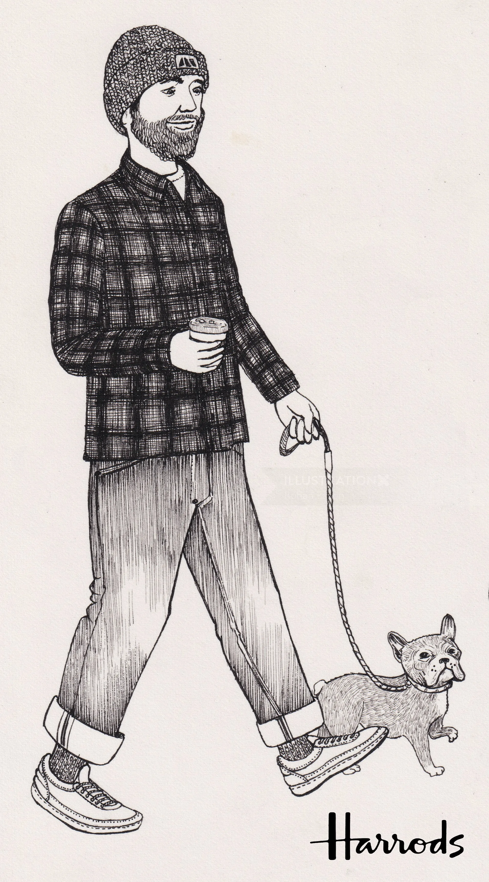 Man walking a small dog on leash, holding a coffee cup, drawing by Rohan Eason