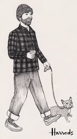 Man walking a small dog on leash, holding a coffee cup, drawing by Rohan Eason