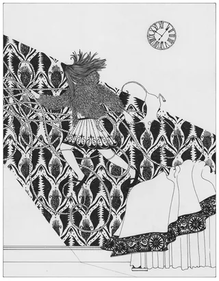 Black and white illustration of a girl leaping over a potion bottle by Rohan Eason