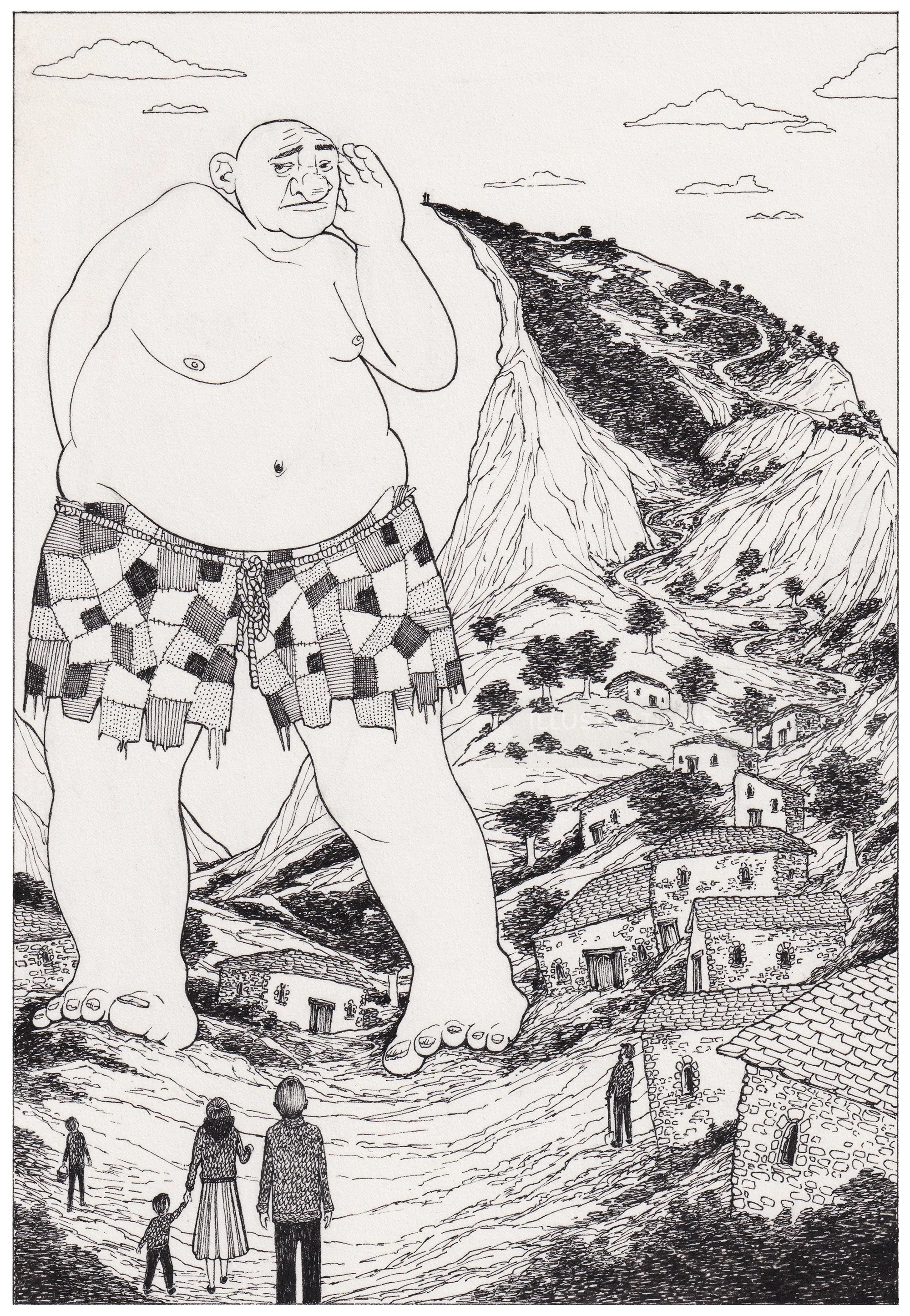 Illustration of a deaf giant standing near village houses with people below by Rohan Eason