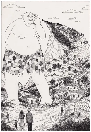 Illustration of a deaf giant standing near village houses with people below by Rohan Eason