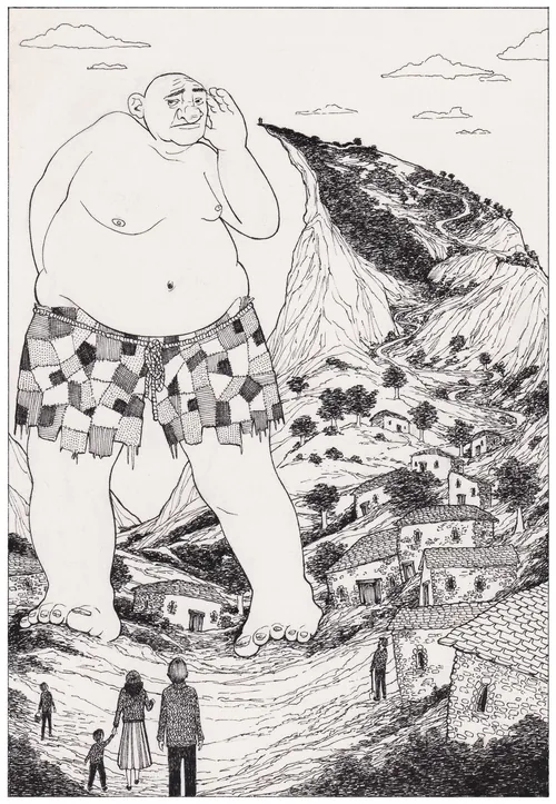 Illustration of a deaf giant standing near village houses with people below by Rohan Eason