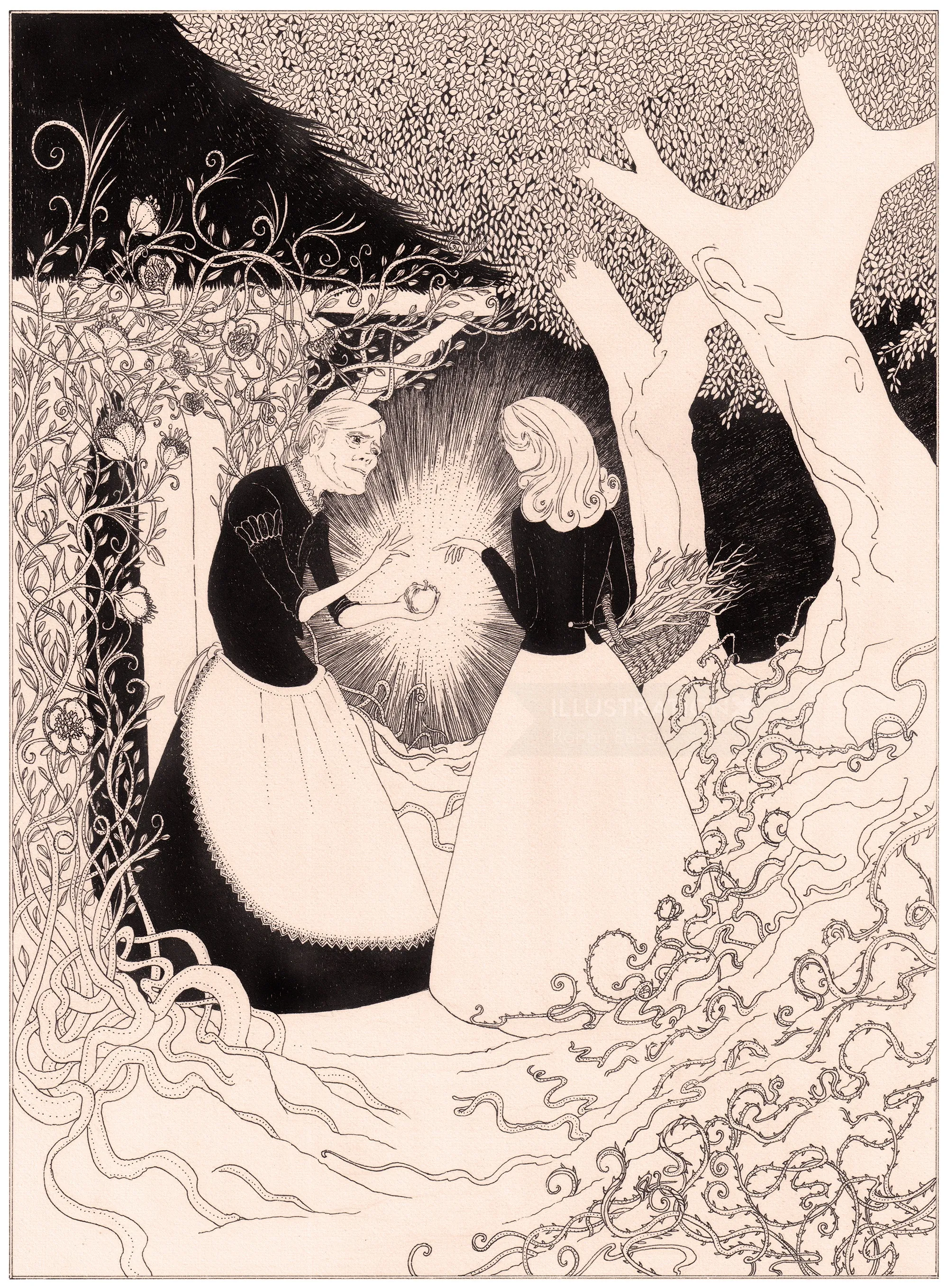 Woman handing golden apple to girl in illuminated garden by Rohan Eason