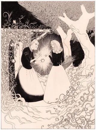 Woman handing golden apple to girl in illuminated garden by Rohan Eason