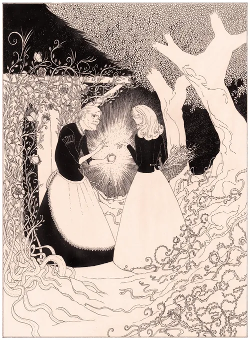 Woman handing golden apple to girl in illuminated garden by Rohan Eason
