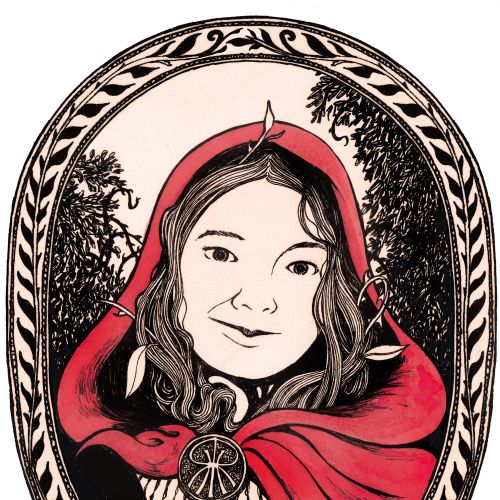 Red Riding Hood wearing a red cloak with forest background by Rohan Eason