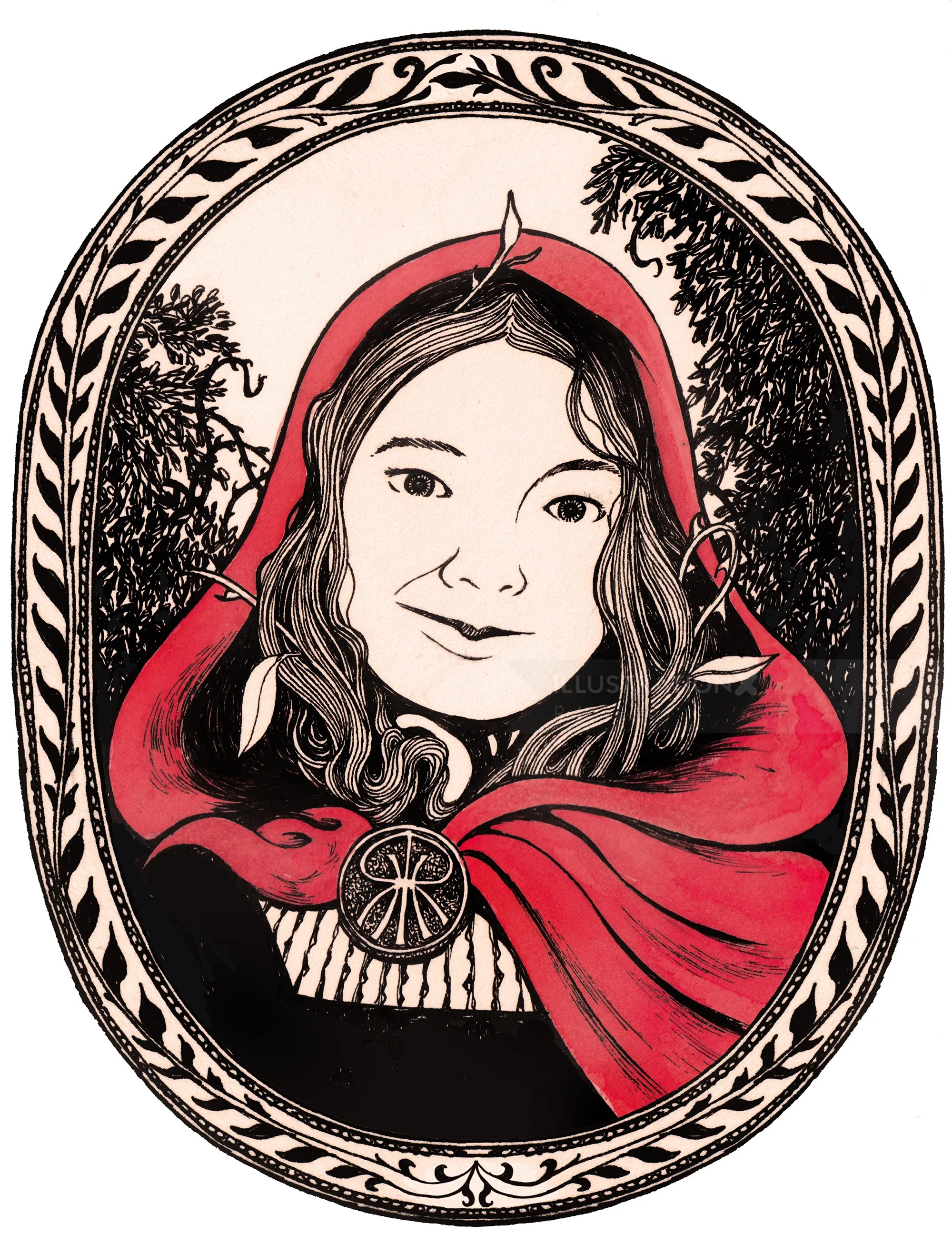 Red Riding Hood wearing a red cloak with forest background by Rohan Eason