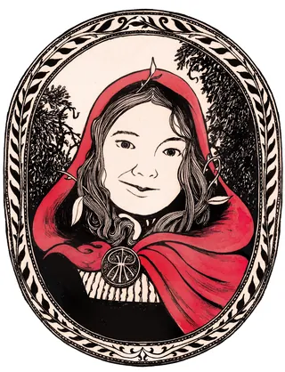 Red Riding Hood wearing a red cloak with forest background by Rohan Eason