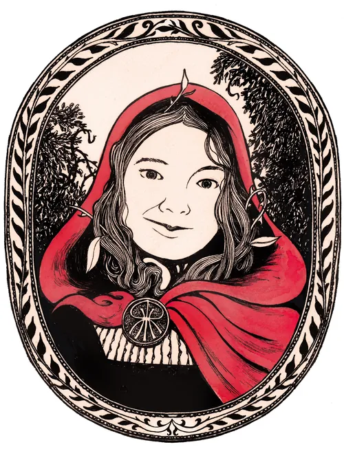 Red Riding Hood wearing a red cloak with forest background by Rohan Eason