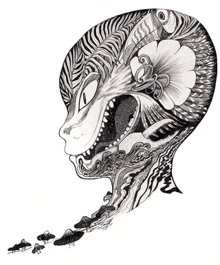 Surreal intricate black and white creature with floral patterns by Rohan Eason