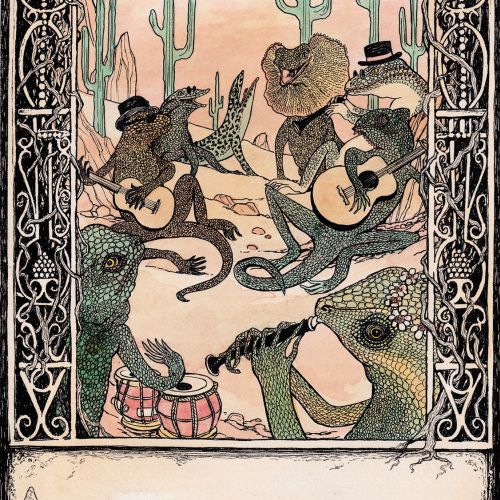 Desert animals playing musical instruments in desert landscape, art by Rohan Eason
