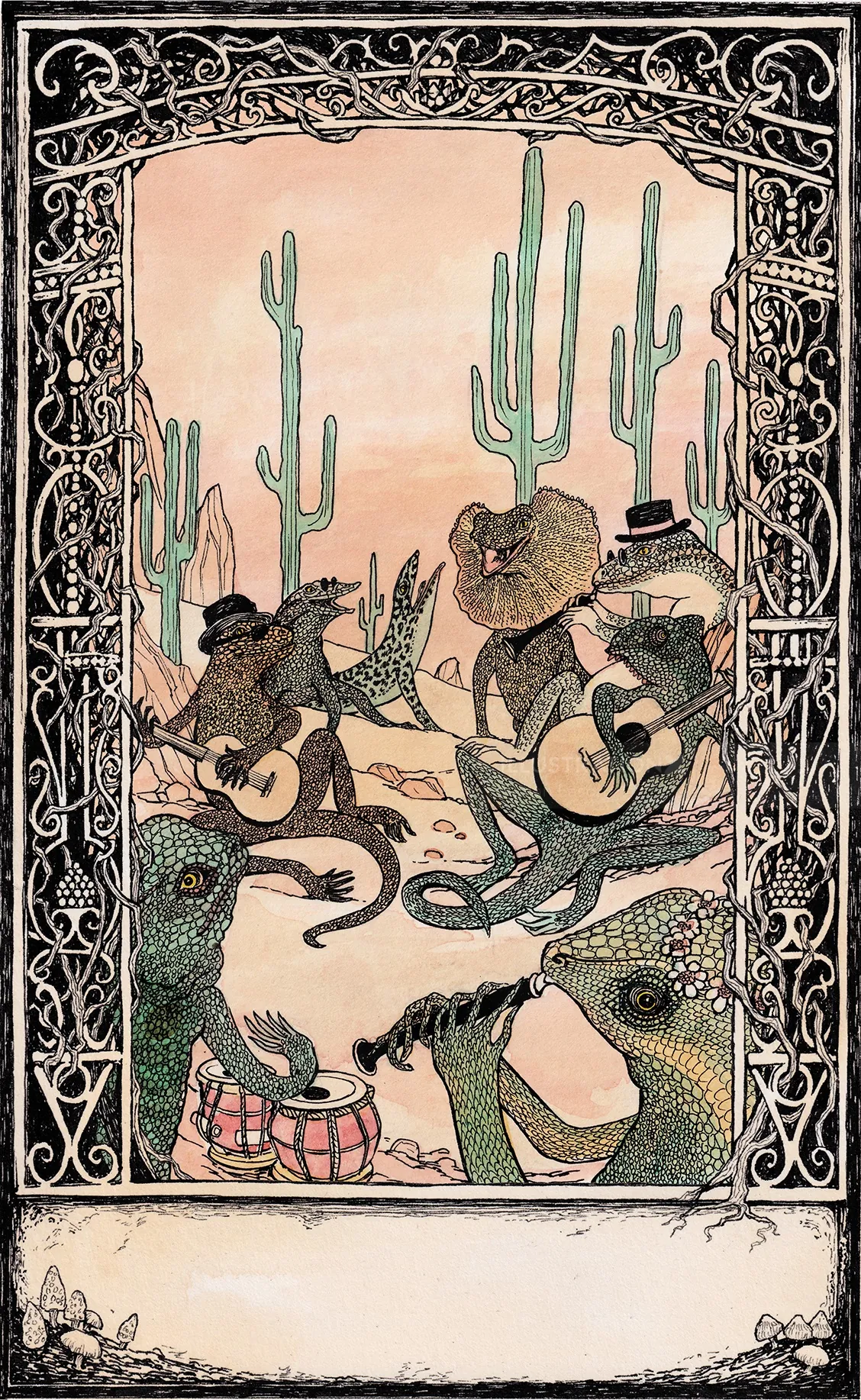 Desert animals playing musical instruments in desert landscape, art by Rohan Eason
