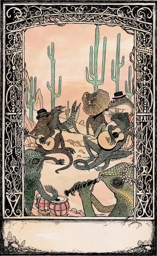 Desert animals playing musical instruments in desert landscape, art by Rohan Eason