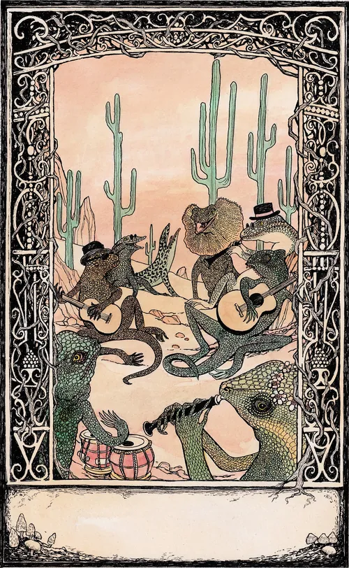 Desert animals playing musical instruments in desert landscape, art by Rohan Eason
