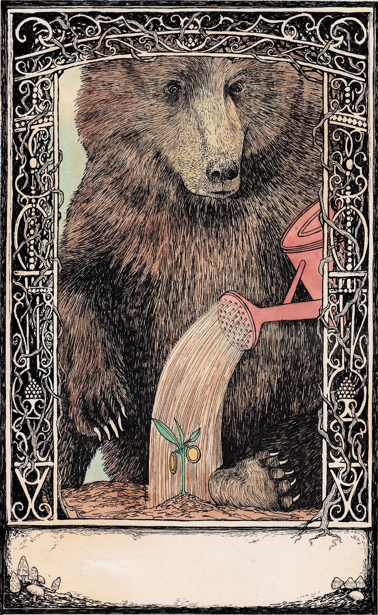 Illustration of a bear pouring water from a pink watering can onto plants by Rohan Eason