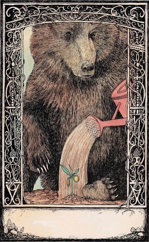 Illustration of a bear pouring water from a pink watering can onto plants by Rohan Eason