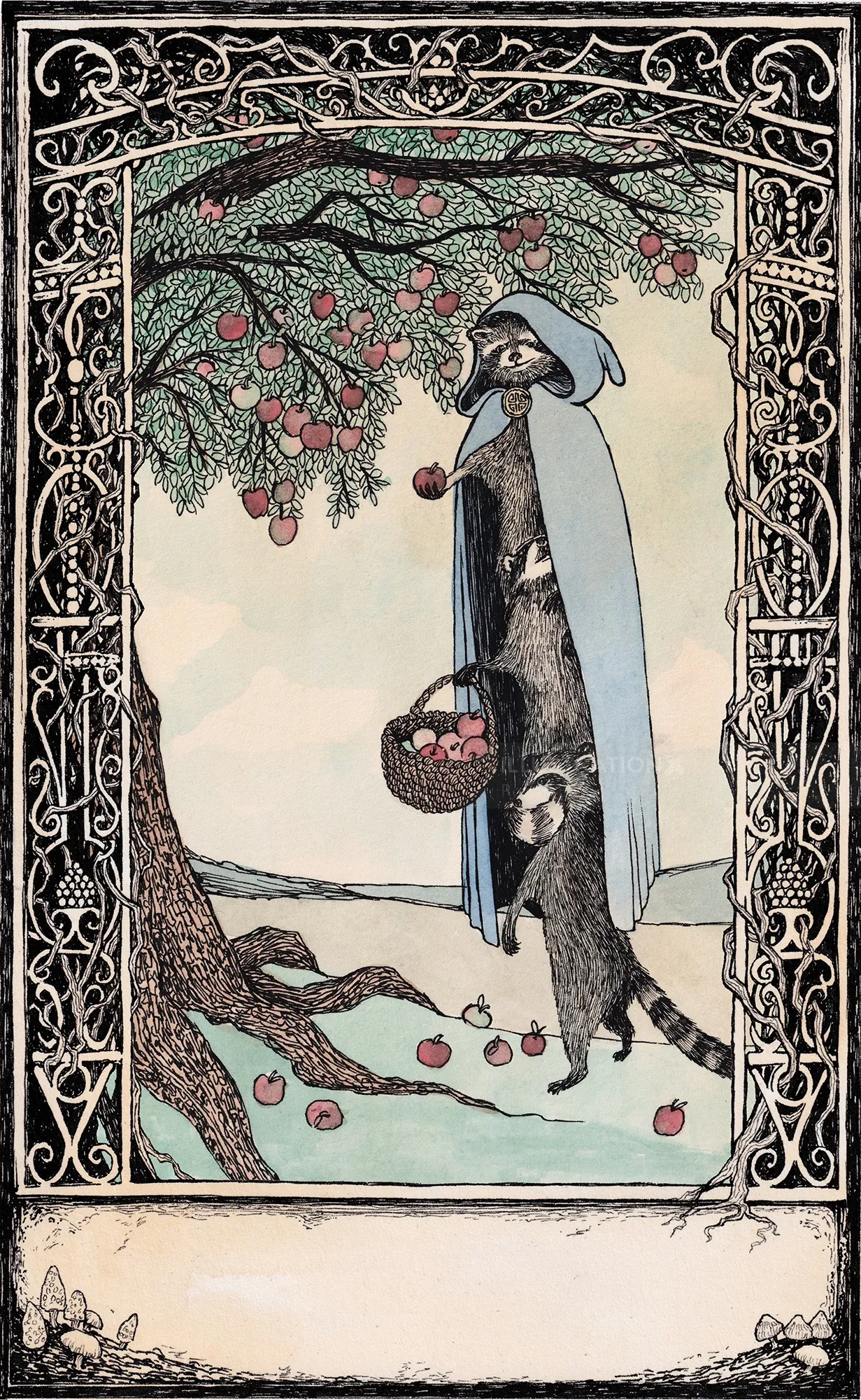 Woman in cloak with dog beneath an apple tree, illustration by Rohan Eason
