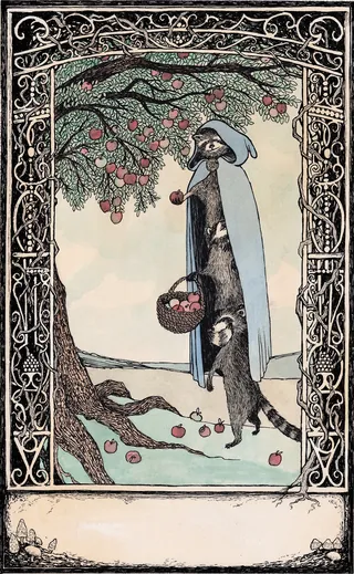 Woman in cloak with dog beneath an apple tree, illustration by Rohan Eason