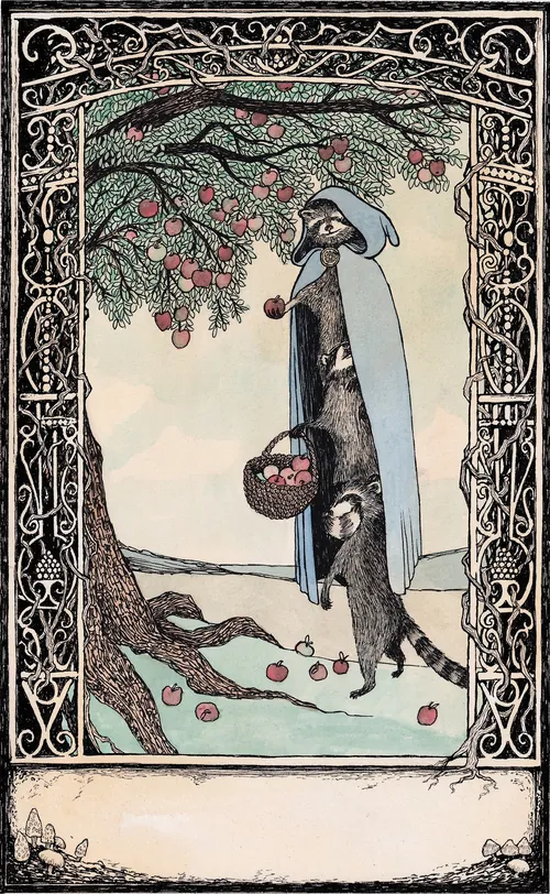 Woman in cloak with dog beneath an apple tree, illustration by Rohan Eason