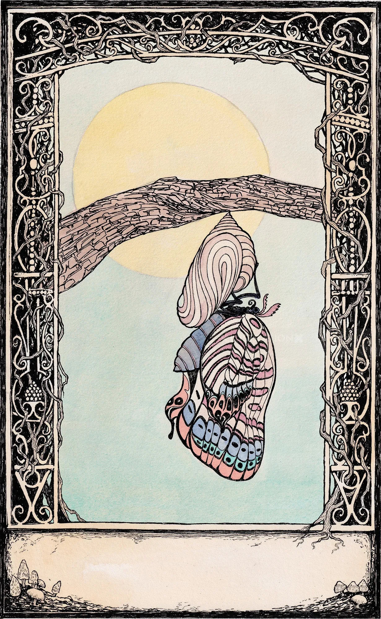 The Sun tarot card featuring a butterfly and sun with ornate border by Rohan Eason