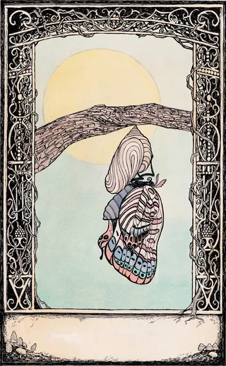 The Sun tarot card featuring a butterfly and sun with ornate border by Rohan Eason