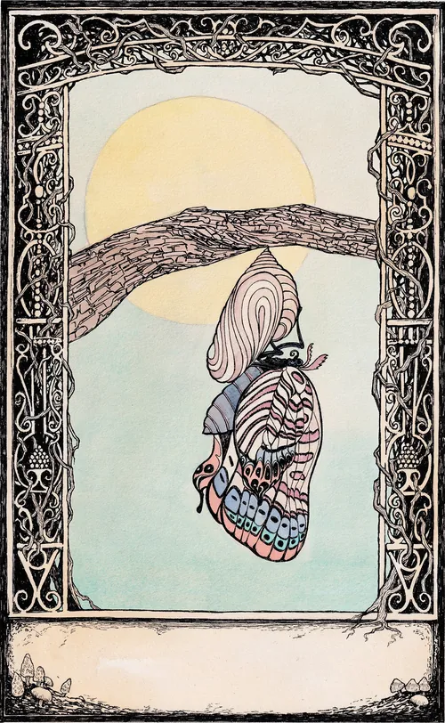 The Sun tarot card featuring a butterfly and sun with ornate border by Rohan Eason