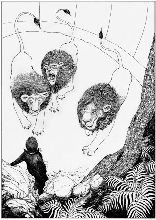 Ilustración en blanco y negro de una guarida de leones