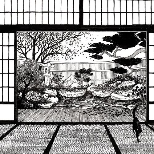 Black and white Japanese garden view through shoji screen by Rohan Eason