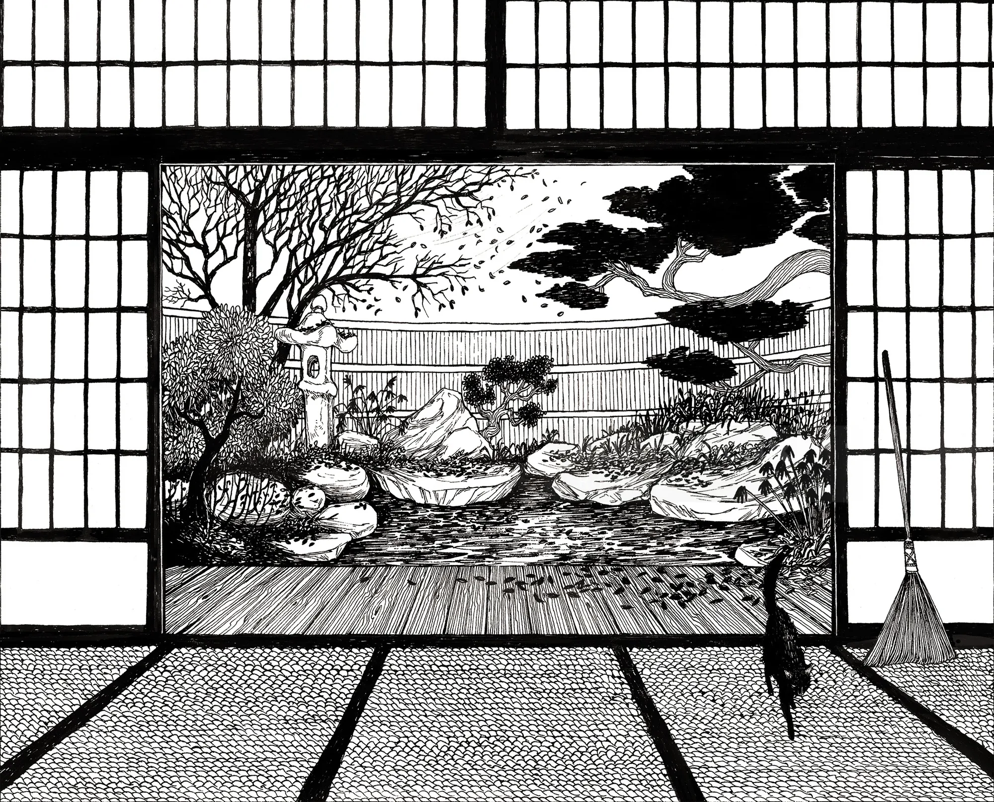 Black and white Japanese garden view through shoji screen by Rohan Eason