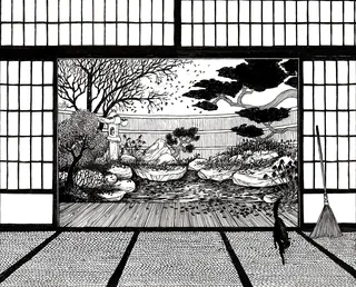 Black and white Japanese garden view through shoji screen by Rohan Eason