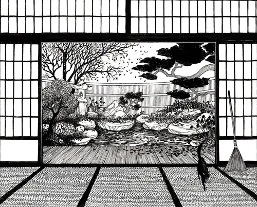 Black and white Japanese garden view through shoji screen by Rohan Eason