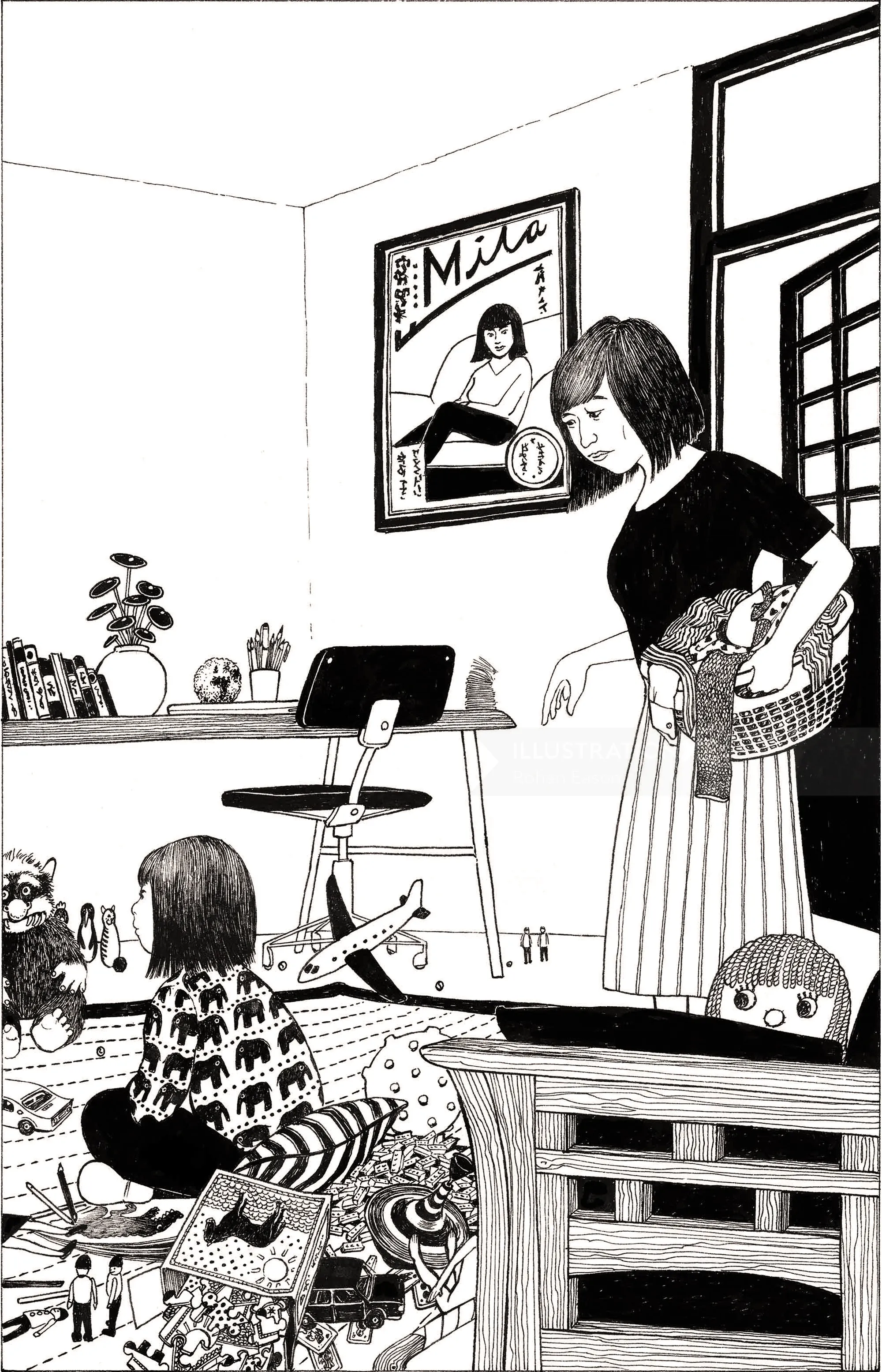 Black and white drawing of mother and child in living room by Rohan Eason