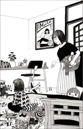 Black and white drawing of mother and child in living room by Rohan Eason