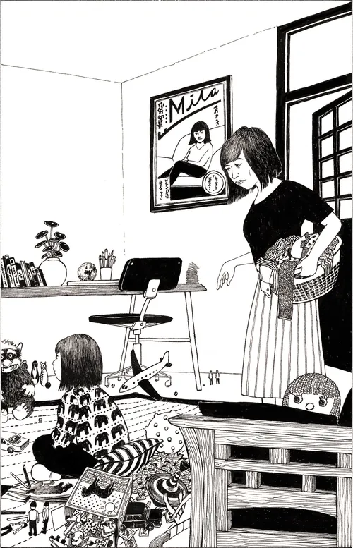 Black and white drawing of mother and child in living room by Rohan Eason
