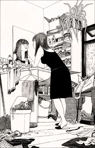 Woman in black dress applying makeup before mirror in cluttered room by Rohan Eason