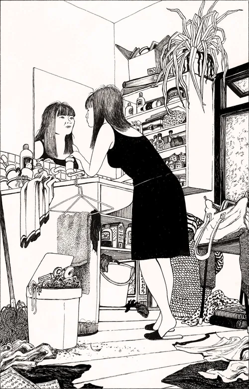 Woman in black dress applying makeup before mirror in cluttered room by Rohan Eason