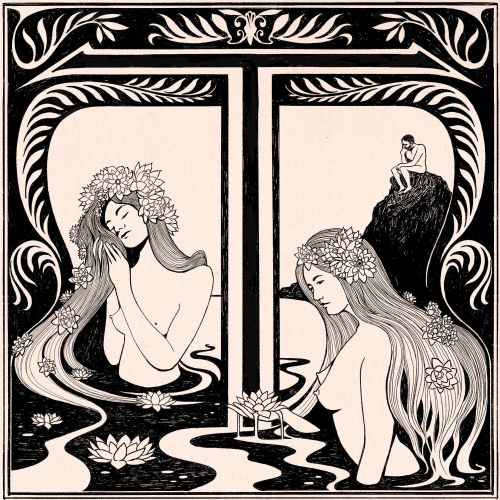 Art Nouveau style illustration of two women with flowers and water lilies