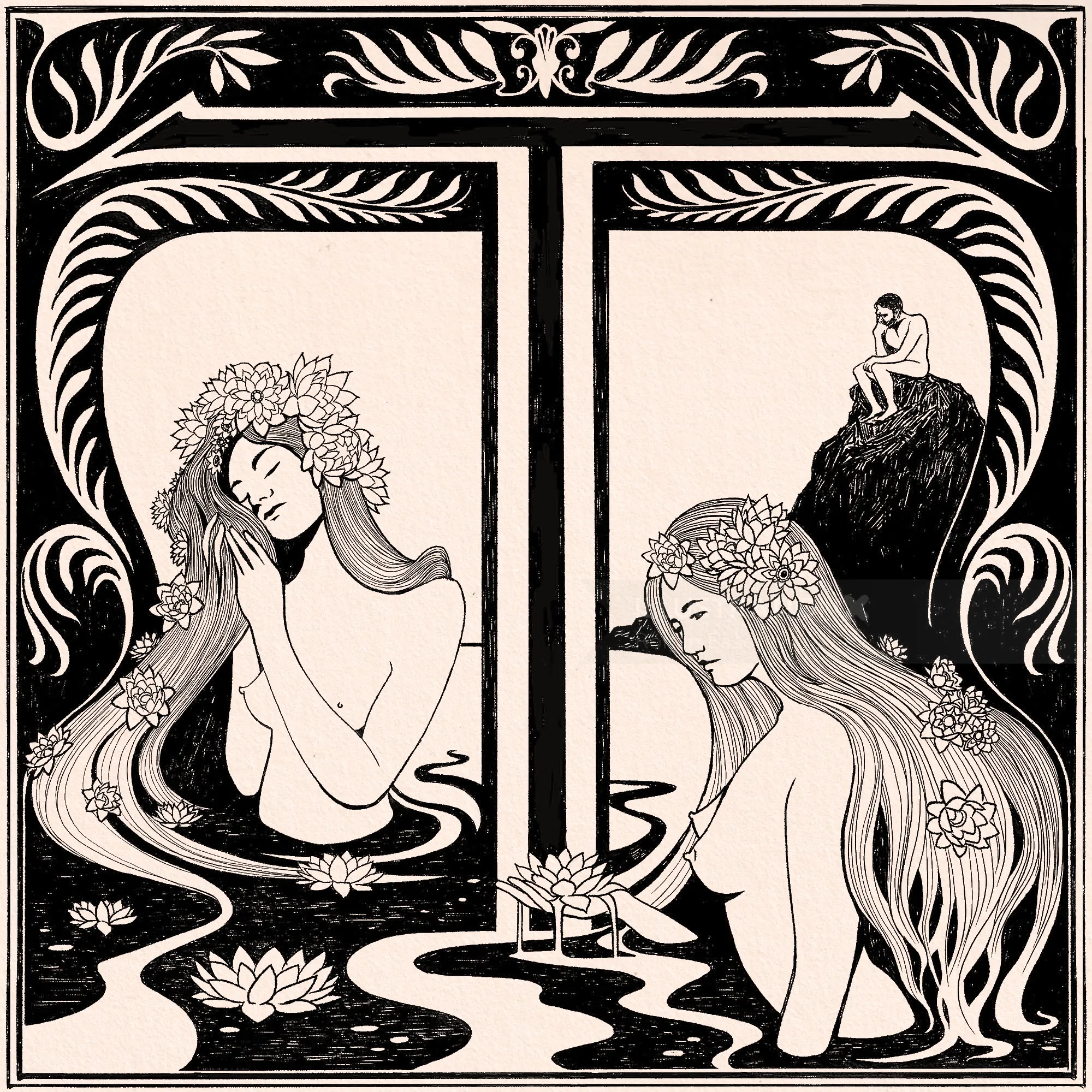 Art Nouveau style illustration of two women with flowers and water lilies