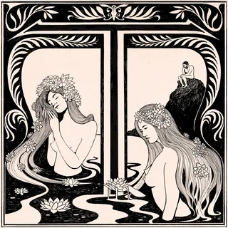 Art Nouveau style illustration of two women with flowers and water lilies