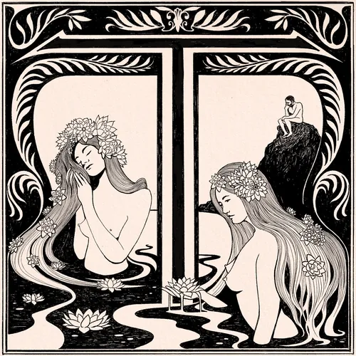 Art Nouveau style illustration of two women with flowers and water lilies