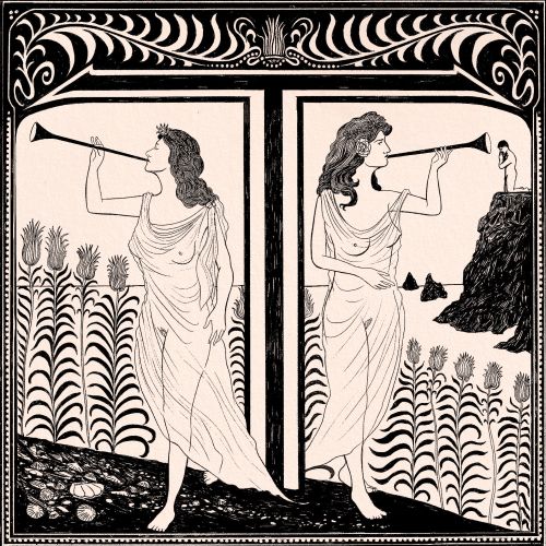 Two ancient Greek women blowing long horns in a decorative black-figure style