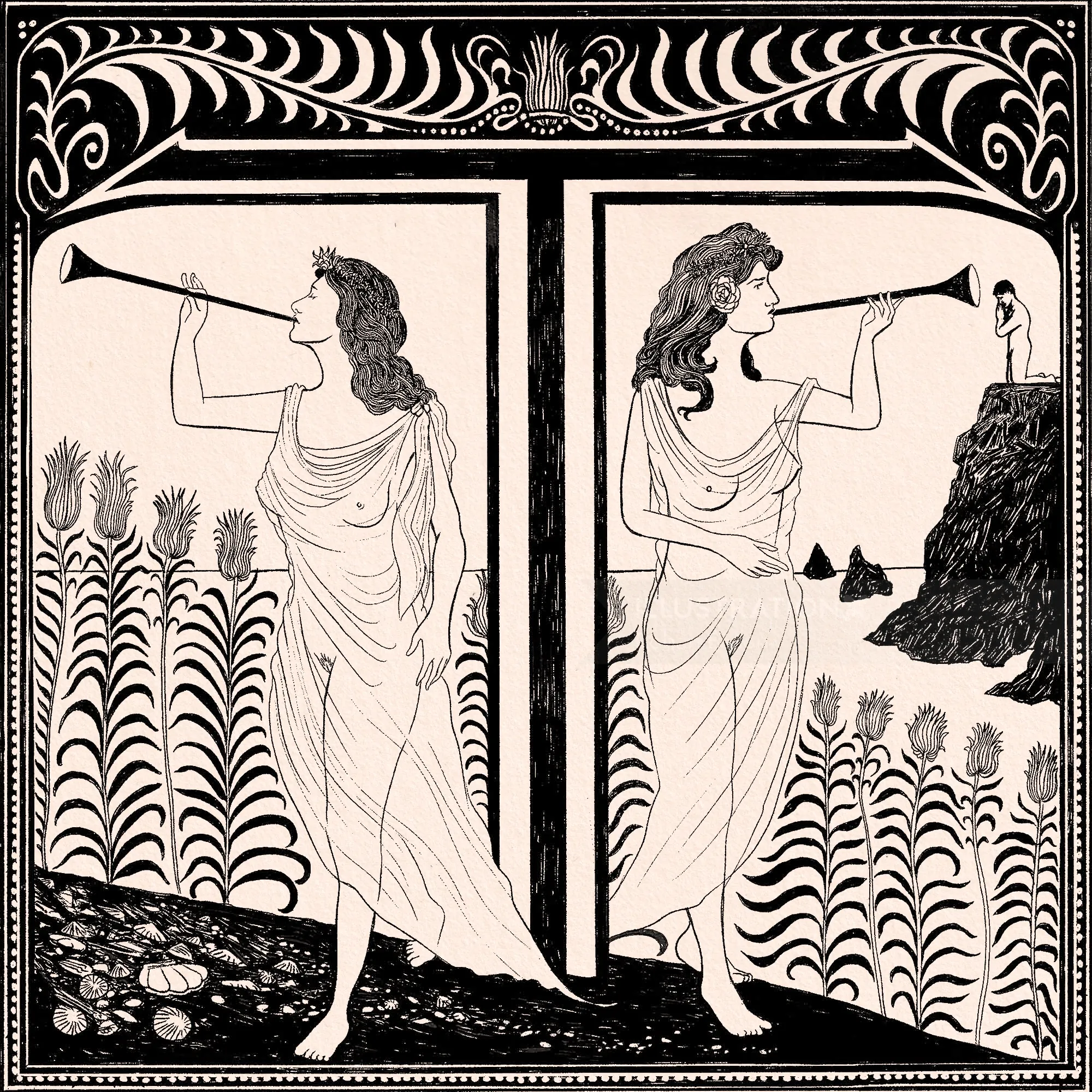 Two ancient Greek women blowing long horns in a decorative black-figure style