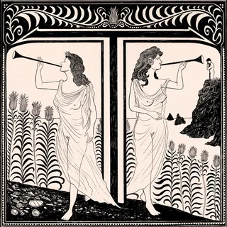 Two ancient Greek women blowing long horns in a decorative black-figure style