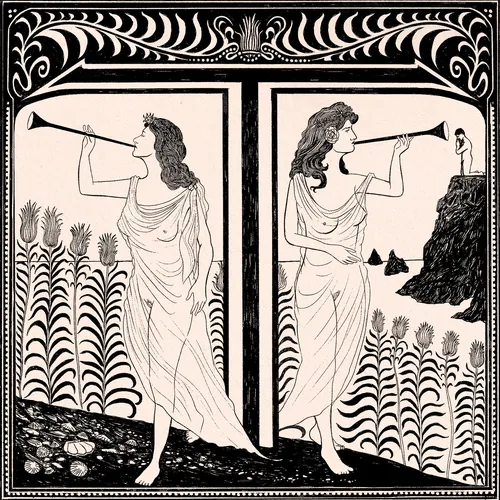 Two ancient Greek women blowing long horns in a decorative black-figure style