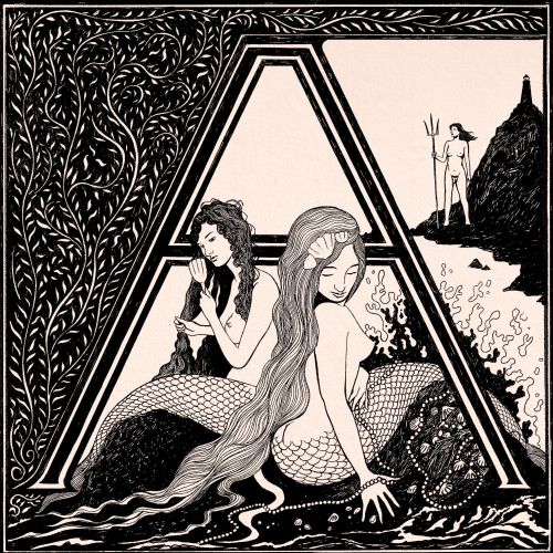 Illustration of two mermaids near a large letter A with a figure holding a trident