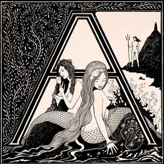 Illustration of two mermaids near a large letter A with a figure holding a trident